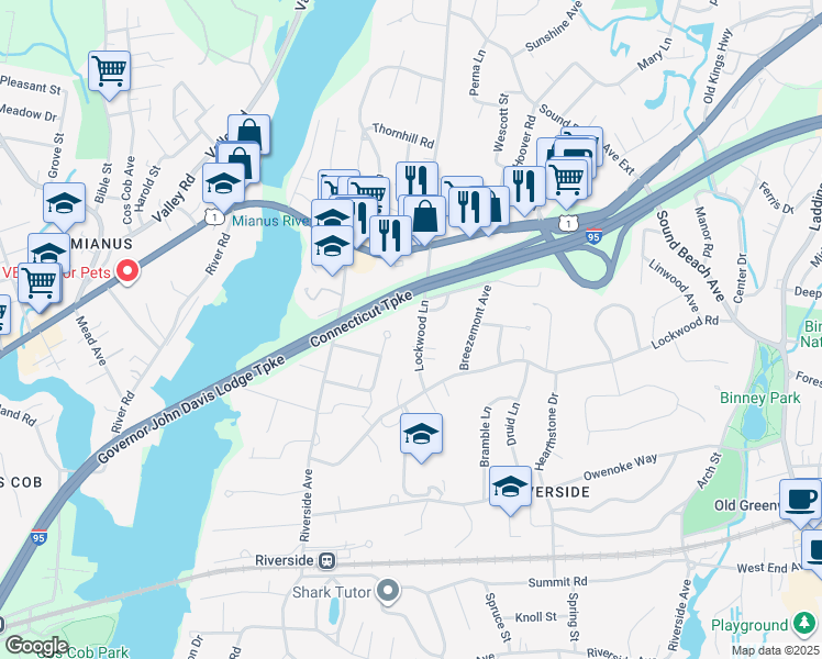 map of restaurants, bars, coffee shops, grocery stores, and more near 36 Lockwood Lane in Greenwich
