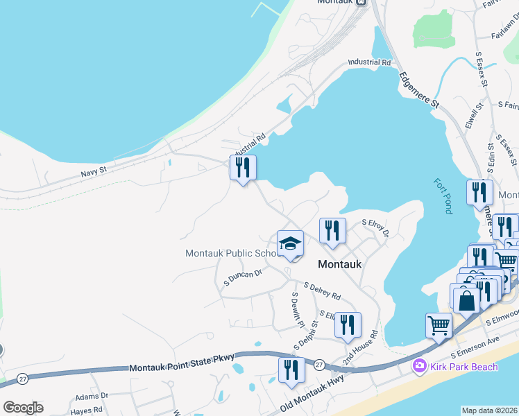 map of restaurants, bars, coffee shops, grocery stores, and more near 151 2nd House Road in Montauk