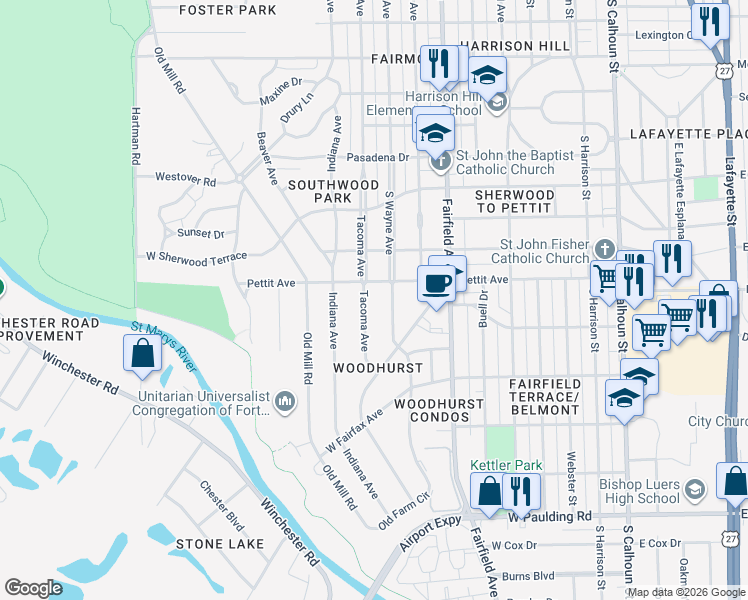 map of restaurants, bars, coffee shops, grocery stores, and more near 4915 Tacoma Avenue in Fort Wayne