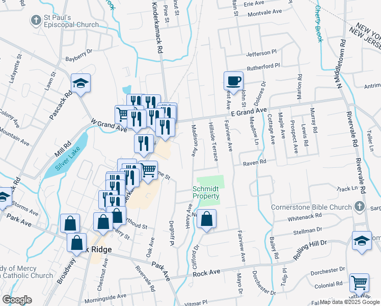 map of restaurants, bars, coffee shops, grocery stores, and more near 26 Madison Avenue in Montvale