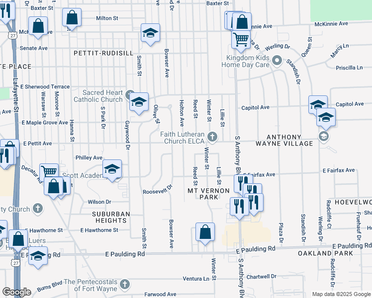 map of restaurants, bars, coffee shops, grocery stores, and more near 4911 Holton Avenue in Fort Wayne