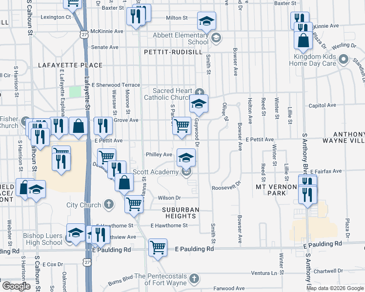 map of restaurants, bars, coffee shops, grocery stores, and more near 4906 Spatz Ave in Fort Wayne