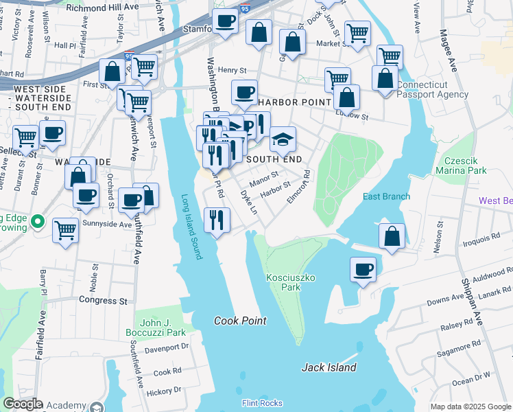 map of restaurants, bars, coffee shops, grocery stores, and more near 50 Dyke Lane in Stamford
