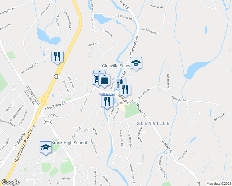 map of restaurants, bars, coffee shops, grocery stores, and more near Riversville Road & Glenville Street in Greenwich