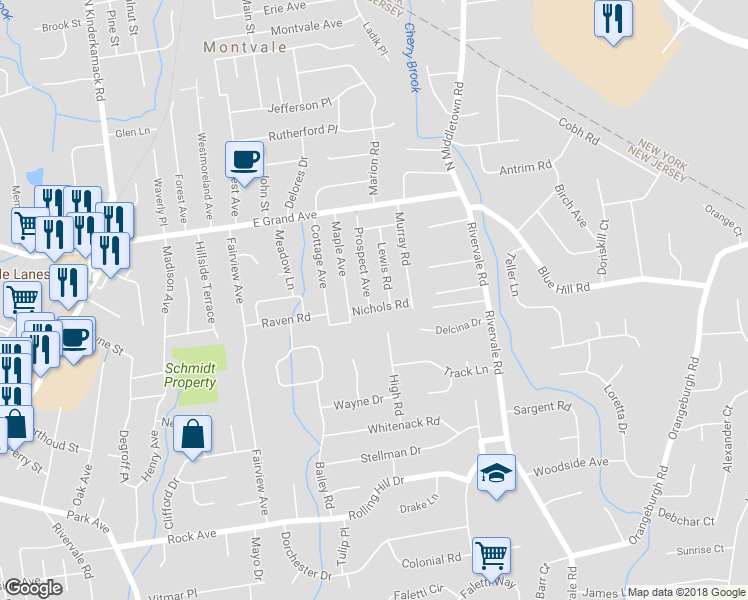 map of restaurants, bars, coffee shops, grocery stores, and more near 21 Prospect Avenue in Montvale