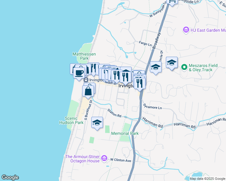 map of restaurants, bars, coffee shops, grocery stores, and more near 19 South Eckar Street in Irvington