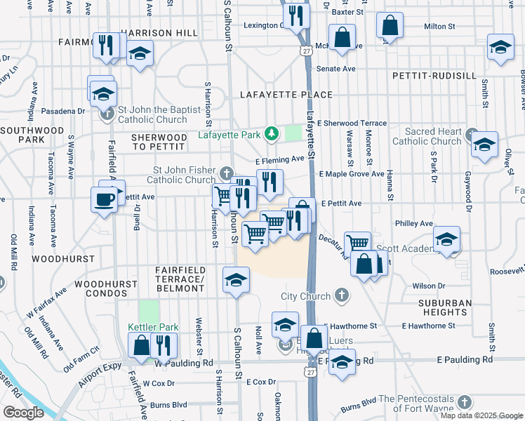 map of restaurants, bars, coffee shops, grocery stores, and more near 218 East Pettit Avenue in Fort Wayne