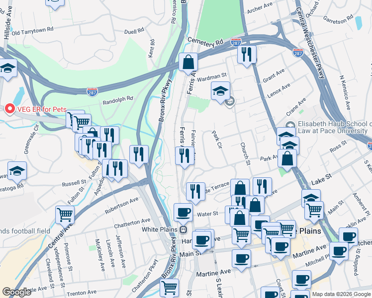 map of restaurants, bars, coffee shops, grocery stores, and more near 33 Fairview Avenue in White Plains