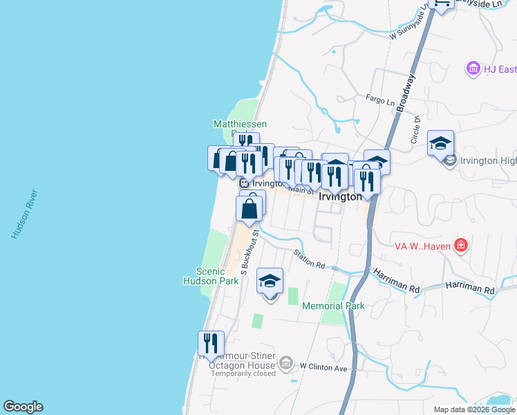 map of restaurants, bars, coffee shops, grocery stores, and more near 30 South Buckhout Street in Irvington
