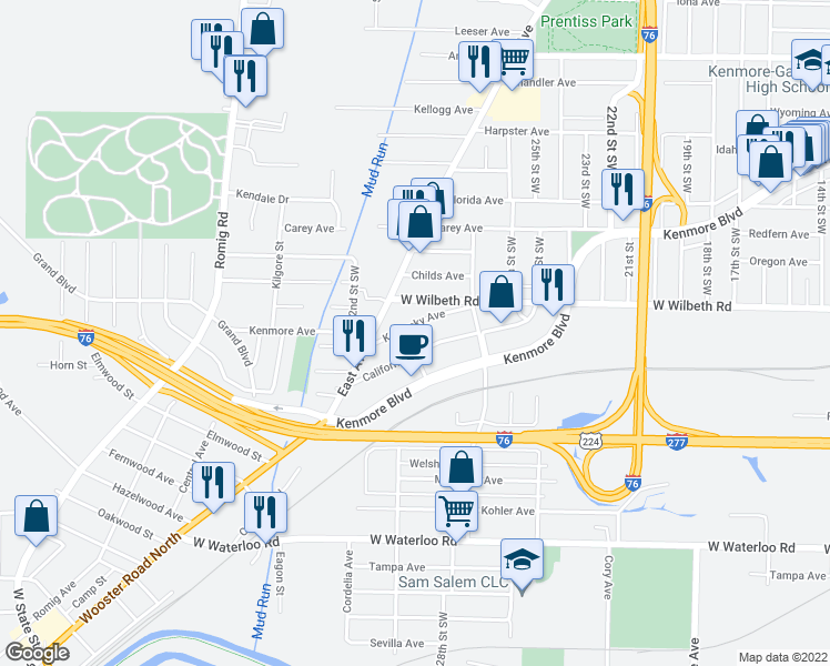 map of restaurants, bars, coffee shops, grocery stores, and more near 2350 29th Street Southwest in Akron