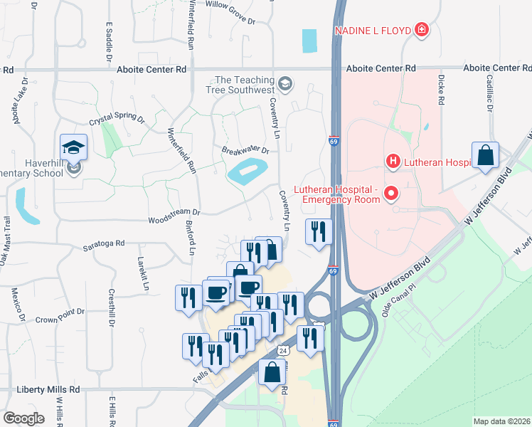 map of restaurants, bars, coffee shops, grocery stores, and more near 4918 Long Canon Place in Fort Wayne