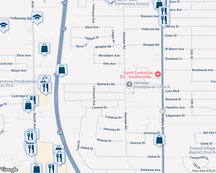map of restaurants, bars, coffee shops, grocery stores, and more near 1847 Mathews Road in Poland