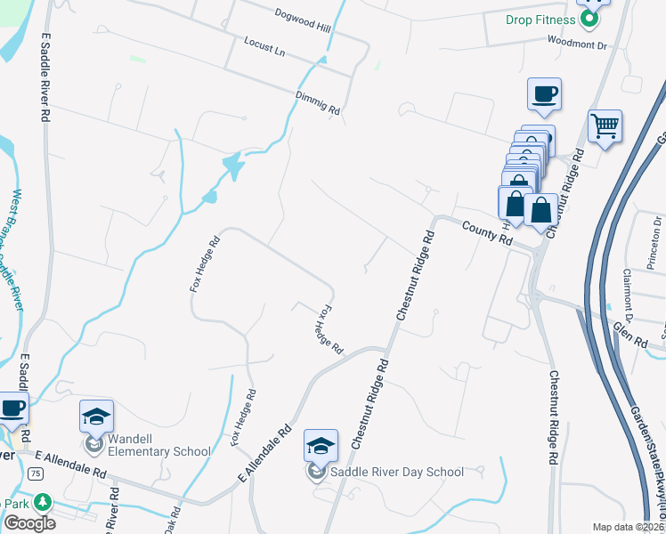 map of restaurants, bars, coffee shops, grocery stores, and more near 99 Fox Hedge Road in Saddle River