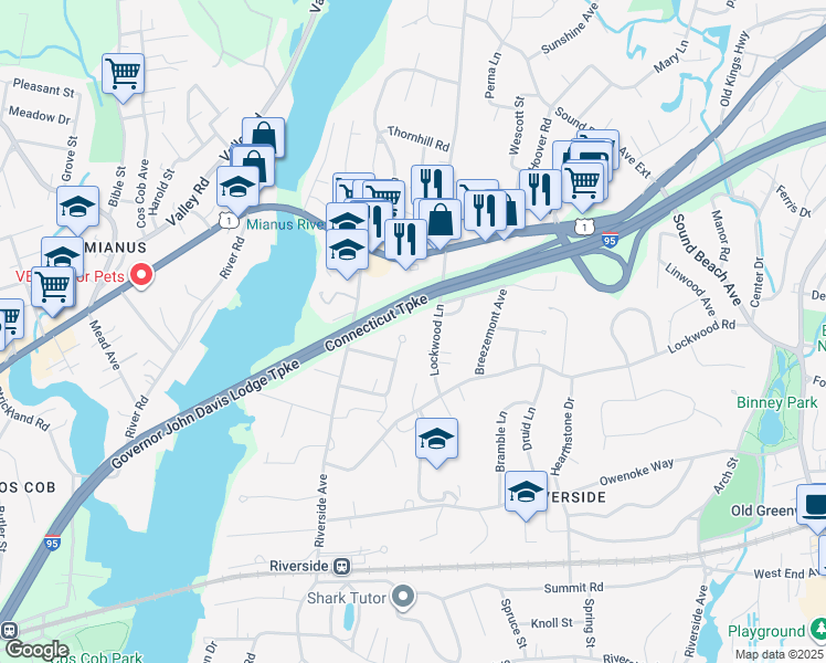 map of restaurants, bars, coffee shops, grocery stores, and more near 36 Lockwood Lane in Greenwich