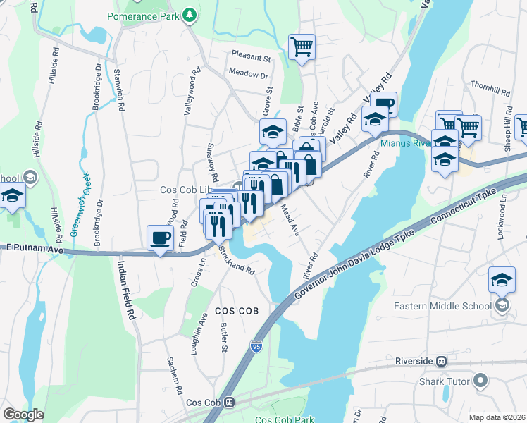 map of restaurants, bars, coffee shops, grocery stores, and more near 8 Relay Court in Greenwich