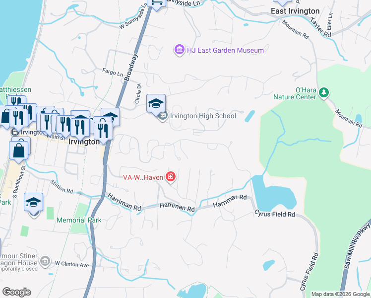 map of restaurants, bars, coffee shops, grocery stores, and more near 108 Valleyview Road in Irvington