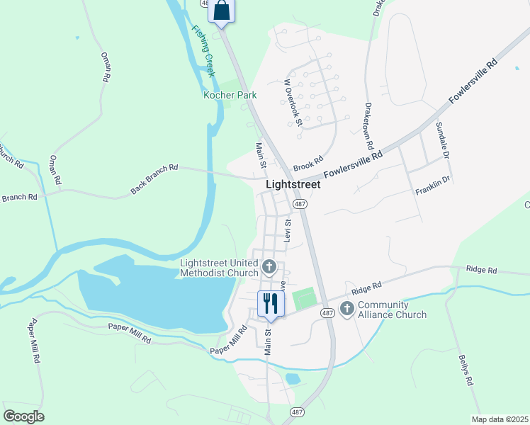 map of restaurants, bars, coffee shops, grocery stores, and more near North St in Bloomsburg