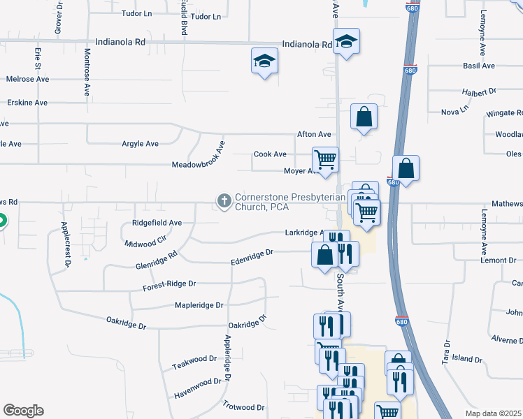 map of restaurants, bars, coffee shops, grocery stores, and more near 815 Mathews Road in Youngstown
