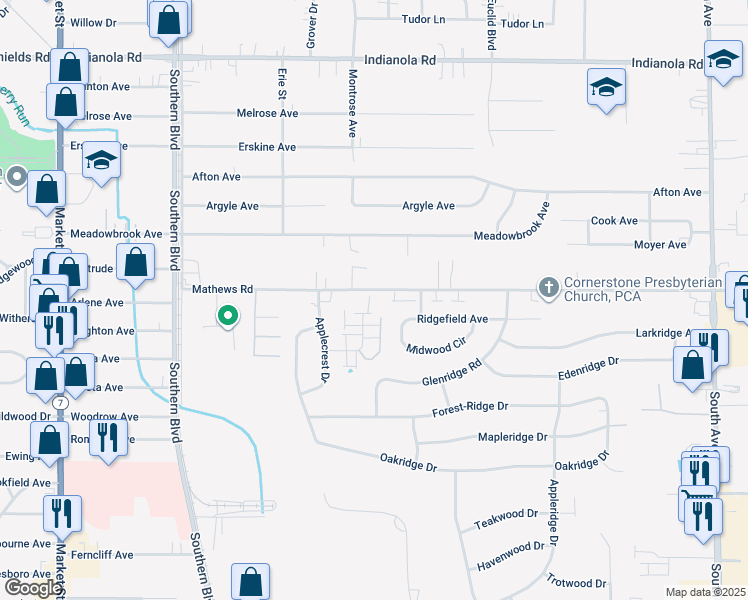 map of restaurants, bars, coffee shops, grocery stores, and more near 321 Mathews Road in Youngstown