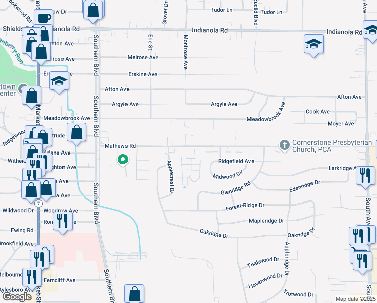 map of restaurants, bars, coffee shops, grocery stores, and more near 6082 Applecrest Court in Youngstown