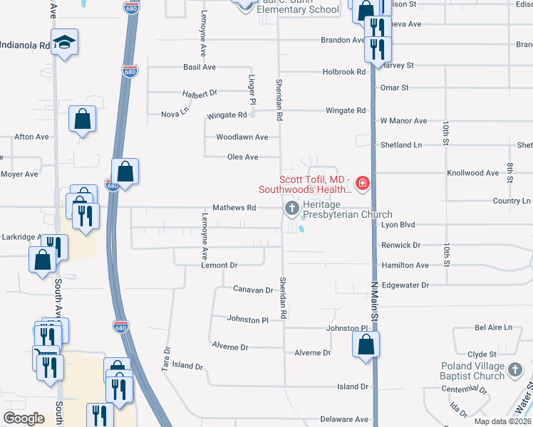 map of restaurants, bars, coffee shops, grocery stores, and more near 1887 Mathews Rd in Youngstown