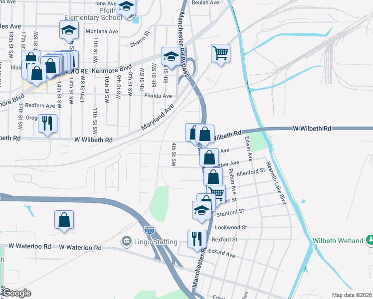 map of restaurants, bars, coffee shops, grocery stores, and more near 575 Flora Avenue in Akron