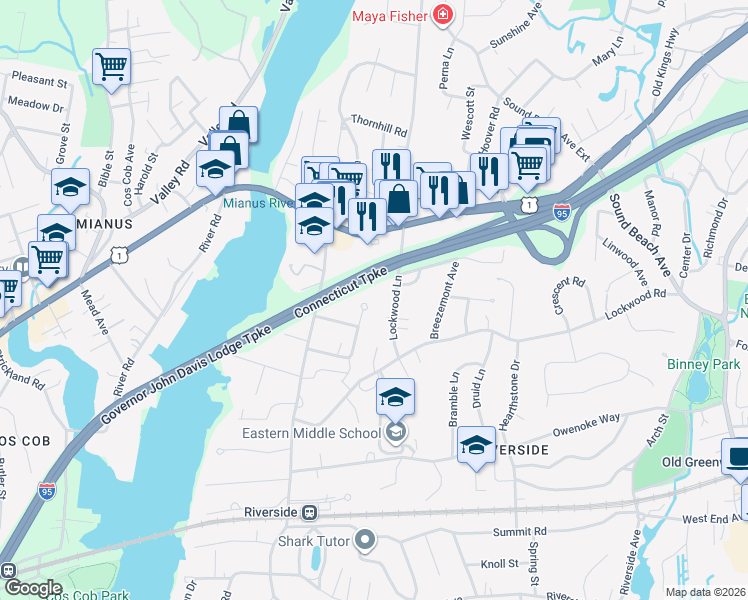 map of restaurants, bars, coffee shops, grocery stores, and more near 36 Lockwood Lane in Greenwich