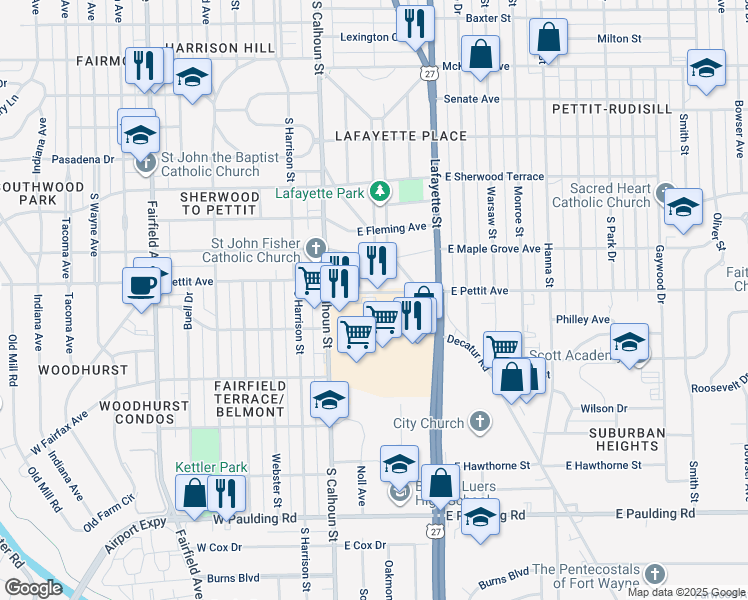 map of restaurants, bars, coffee shops, grocery stores, and more near 218 East Pettit Avenue in Fort Wayne