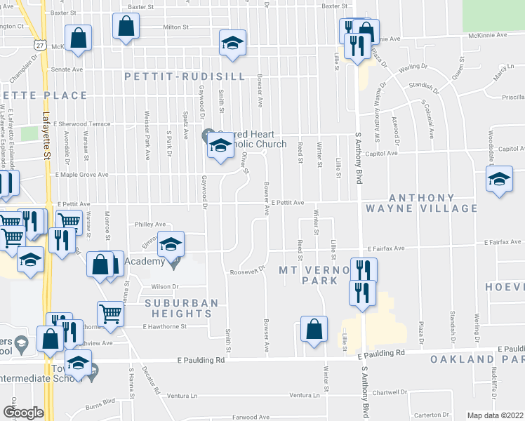 map of restaurants, bars, coffee shops, grocery stores, and more near 4910 Bowser Avenue in Fort Wayne