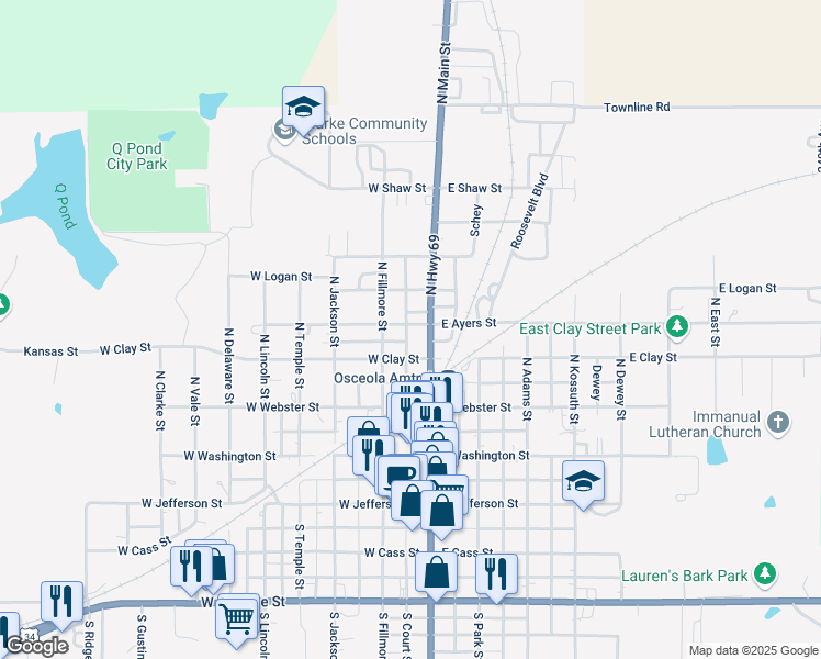 map of restaurants, bars, coffee shops, grocery stores, and more near 114 West Ayers Street in Osceola