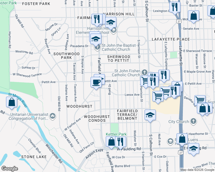 map of restaurants, bars, coffee shops, grocery stores, and more near 442 Lenox Avenue in Fort Wayne