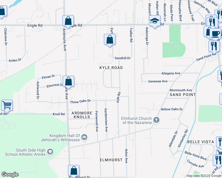 map of restaurants, bars, coffee shops, grocery stores, and more near 3407 South Cedar Crest Circle in Fort Wayne