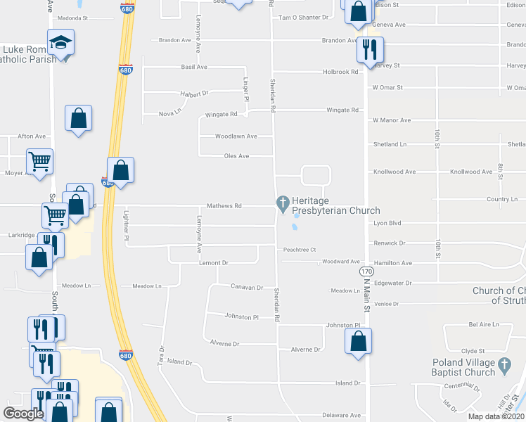 map of restaurants, bars, coffee shops, grocery stores, and more near 1891 Mathews Road in Youngstown