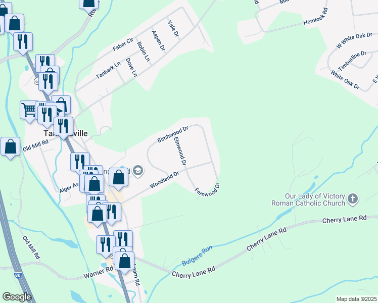 map of restaurants, bars, coffee shops, grocery stores, and more near 5514 Elmwood Drive in Tannersville