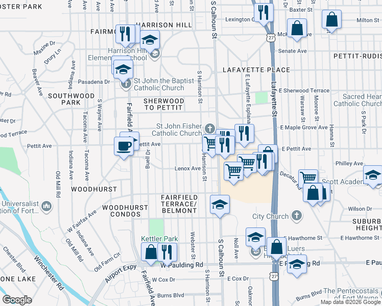 map of restaurants, bars, coffee shops, grocery stores, and more near 4912 Harrison Street in Fort Wayne