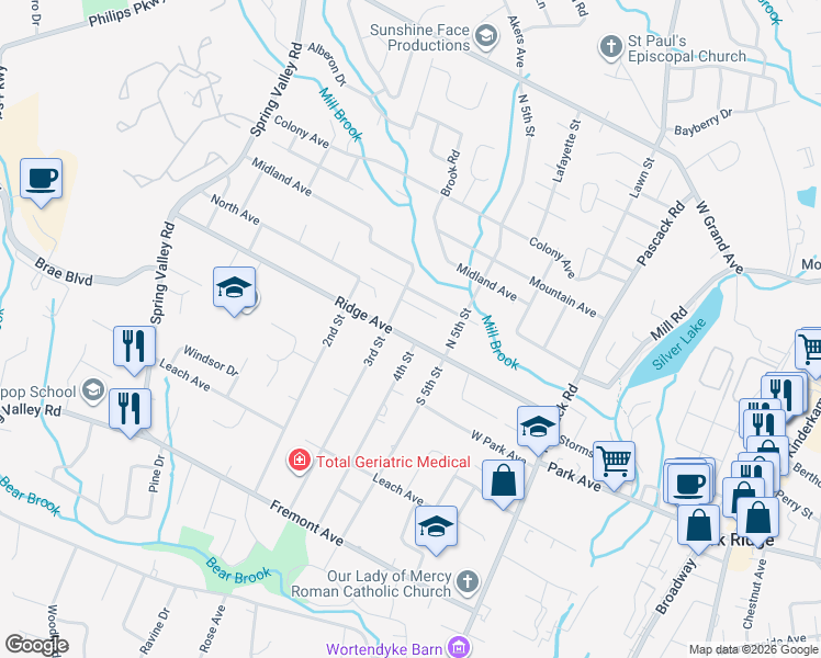 map of restaurants, bars, coffee shops, grocery stores, and more near 78 Ridge Avenue in Park Ridge