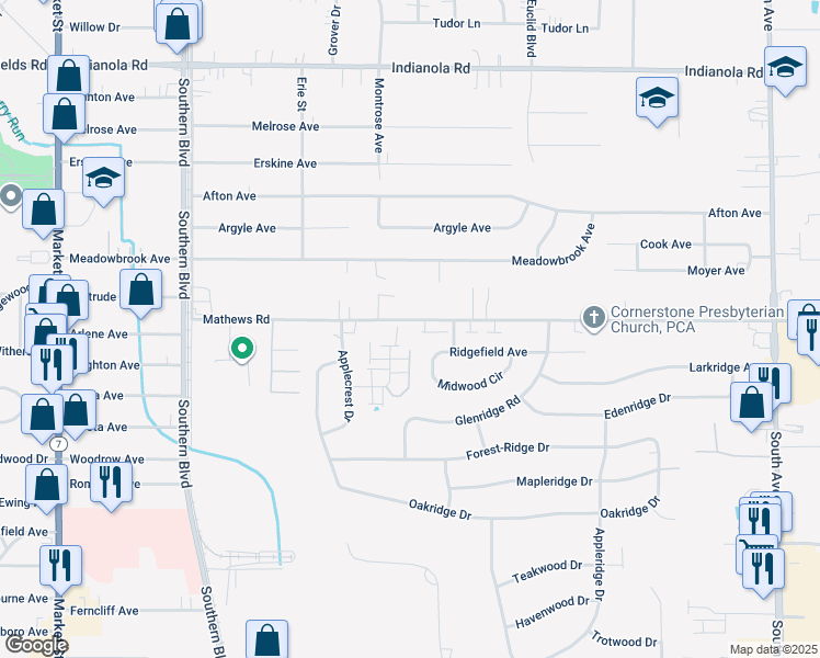 map of restaurants, bars, coffee shops, grocery stores, and more near 321 Mathews Road in Youngstown