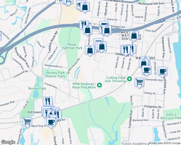 map of restaurants, bars, coffee shops, grocery stores, and more near 419 West Avenue in Stamford