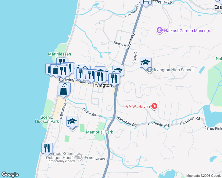map of restaurants, bars, coffee shops, grocery stores, and more near 9 South Dearman Street in Irvington