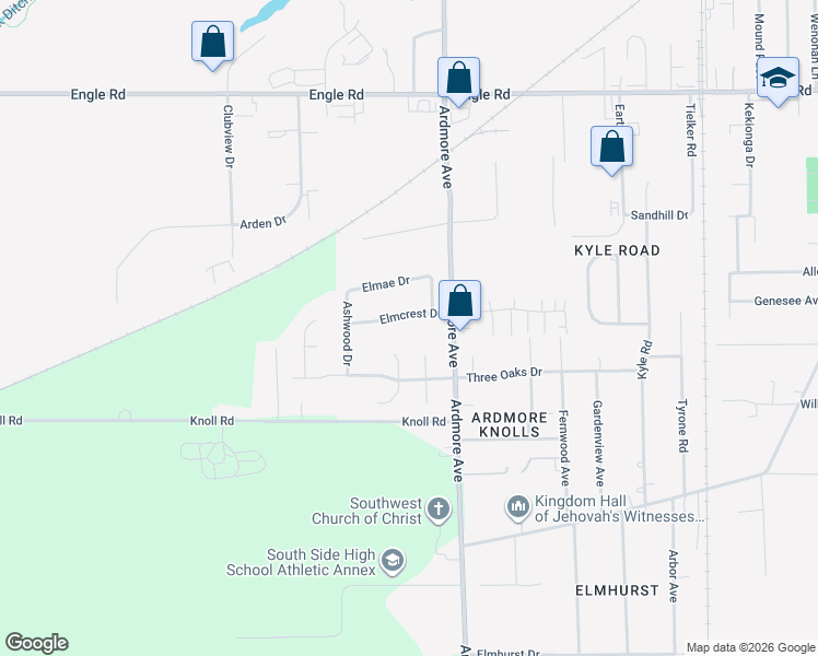 map of restaurants, bars, coffee shops, grocery stores, and more near 3925 Elmcrest Drive in Fort Wayne