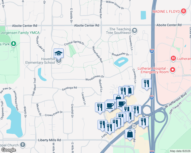 map of restaurants, bars, coffee shops, grocery stores, and more near 9409 Woodstream Drive in Fort Wayne