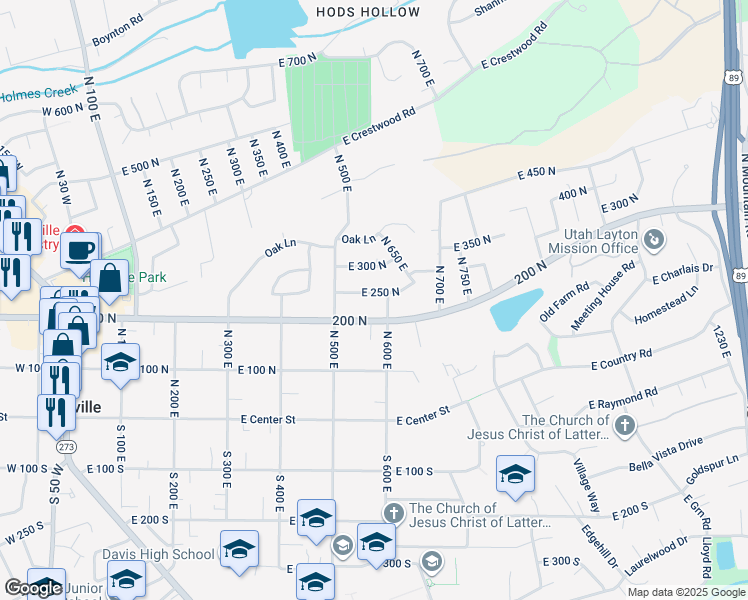 map of restaurants, bars, coffee shops, grocery stores, and more near 578 East 250 North in Kaysville