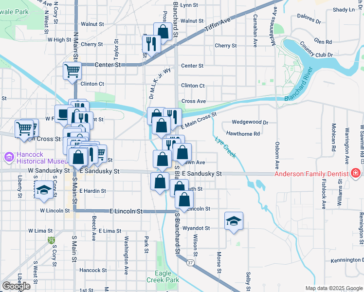 map of restaurants, bars, coffee shops, grocery stores, and more near 330 South Blanchard Street in Findlay