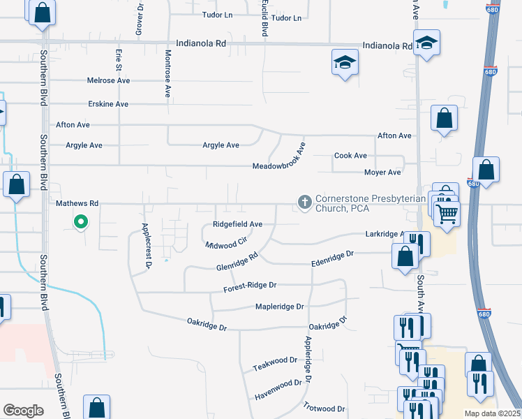 map of restaurants, bars, coffee shops, grocery stores, and more near 425 Mathews Road in Youngstown