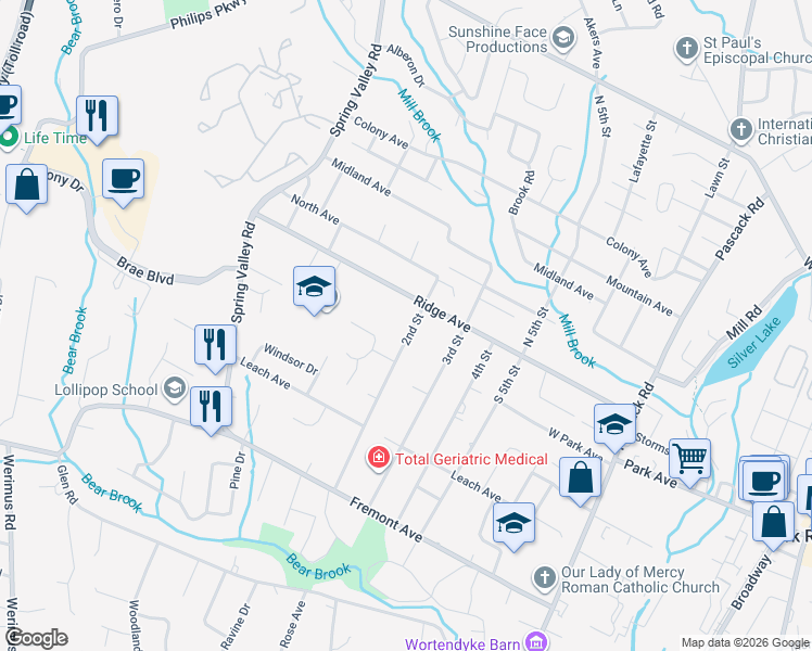 map of restaurants, bars, coffee shops, grocery stores, and more near 12 2nd Street in Park Ridge