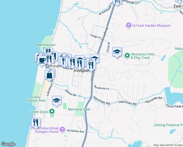 map of restaurants, bars, coffee shops, grocery stores, and more near 9 South Dearman Street in Irvington