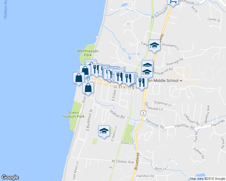 map of restaurants, bars, coffee shops, grocery stores, and more near 19 South Eckar Street in Irvington