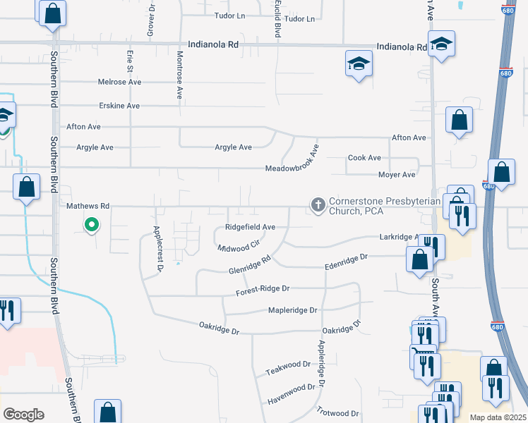 map of restaurants, bars, coffee shops, grocery stores, and more near 425 Mathews Road in Youngstown