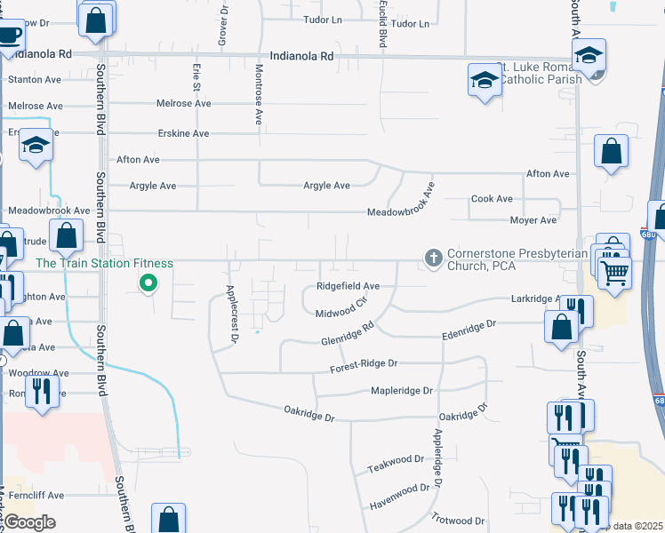 map of restaurants, bars, coffee shops, grocery stores, and more near 361 Mathews Road in Youngstown
