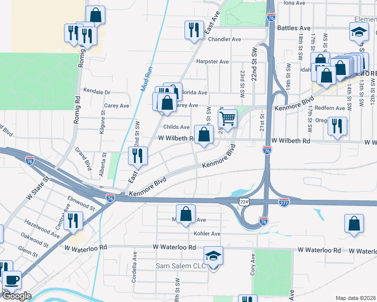 map of restaurants, bars, coffee shops, grocery stores, and more near 1230 California Avenue in Akron